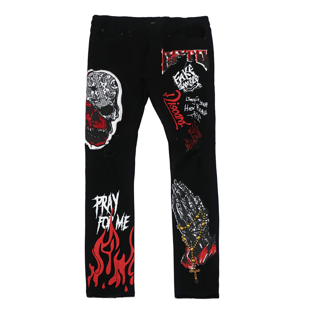 GFTD LA Los Angeles Men's Luke Skinny Fit Skull Patch Painted Distressed Jeans